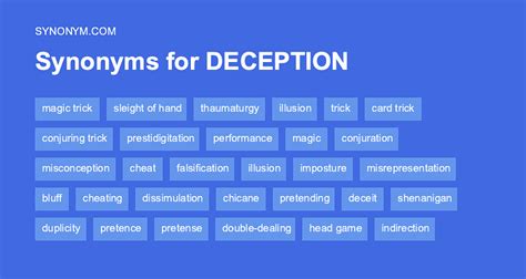 All synonyms & crossword answers with 4, 5, 9 & 13 Letters for DECEPTION found in daily crossword puzzles NY Times, Daily Celebrity, Telegraph, LA Times and more. . Synonym deception